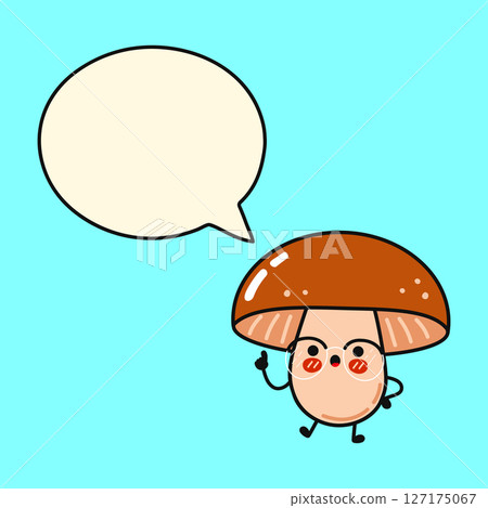 Cute Mushroom cartoon character raising finger and speaking with speech bubble on blue background 127175067