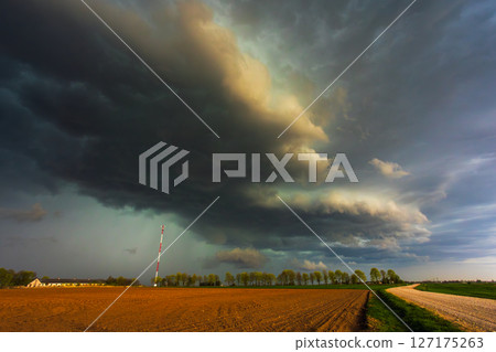 Dramatic storm clouds in the sky, dark severe storm clouds, supercell. Dramatic storm clouds in the sky, dark severe storm clouds, supercell. 127175263