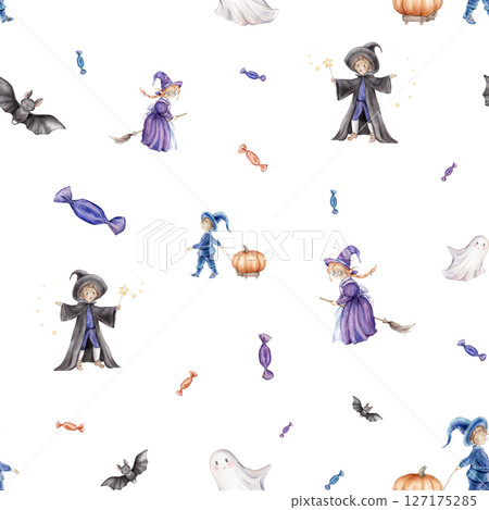 Seamless pattern Trick or treat for Halloween. Repeat background with wizard, fairy or witch on a broomstick, ghost and pumpkin. Hand drawn fantasy illustrations for kids' design 127175285