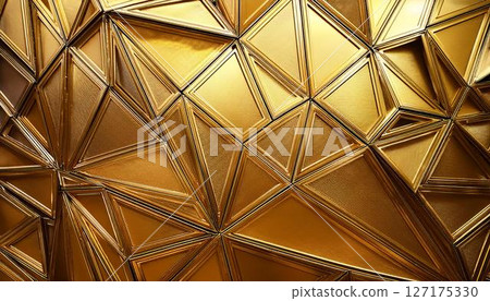 Gold futuristic triangular 3D block structure. Triangle tile pattern background image. 127175330