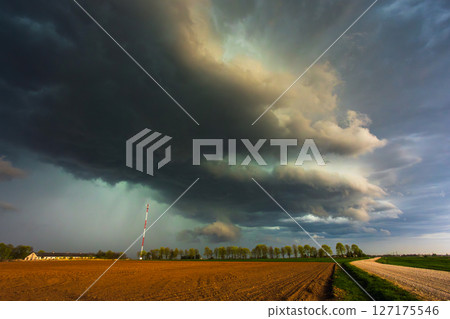 Dramatic storm clouds in the sky, dark severe storm clouds, supercell. 127175546
