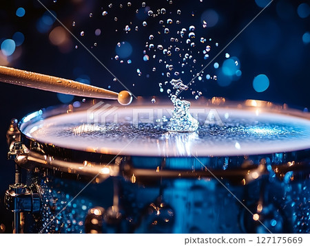 Splashing Beats: Drumstick Hitting Snare Drum with Precision 127175669