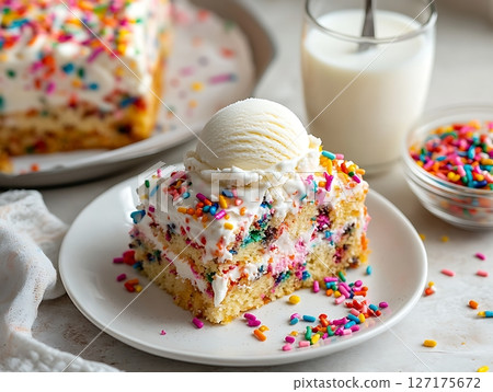 Funfetti Cake Slice Topped with Ice Cream and Sprinkles 127175672