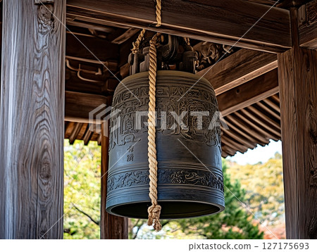 Ancient Japanese Temple Bell Hanging in Wooden Structure Ancient Japanese Temple Bell Hanging in Wooden Structure 127175693