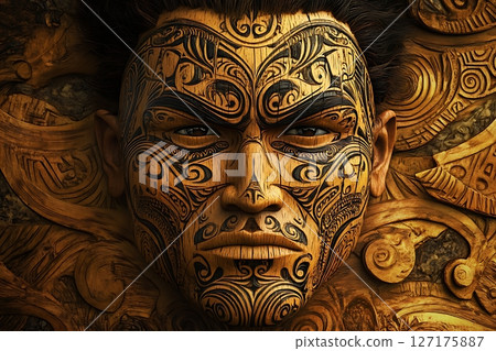 Intricate Tribal Tattoo Art on Wooden Face Sculpture 127175887