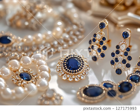 Exquisite Blue Sapphire and Pearl Jewelry on Elegant Display Exquisite Blue Sapphire and Pearl Jewelry on Elegant Display 127175993