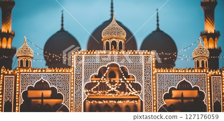 Illuminated Festive Gate at Night Majestic Mosque Festive Lights Ramadan Hope Glow Dark Dome Faith 127176059