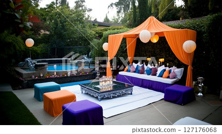 Elegant Outdoor Lounge Poolside Party Decor Orange Purple Cozy Chic Event Patio Water Night Space 127176068
