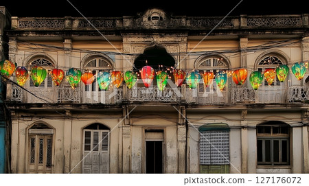 Colorful Lanterns Illuminate Old Building Facade Night City Asia Urban House Light Image Photo Doors 127176072