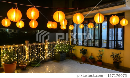 Warm Orange Paper Lanterns Night Festive Outdoor Patio Decor Glow Cozy Home Event Scene Light Asian 127176073