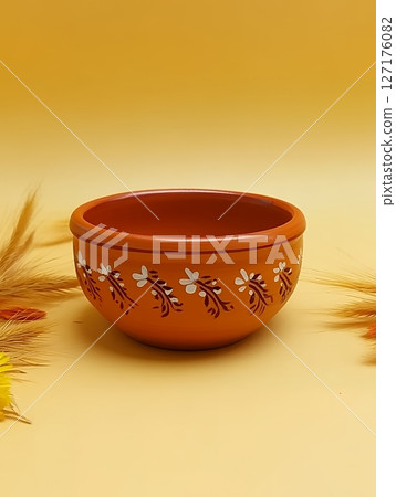 Hand Painted Orange Clay Bowl Rustic Design Kitchenware Decorative Floral art home food dish fall 127176082