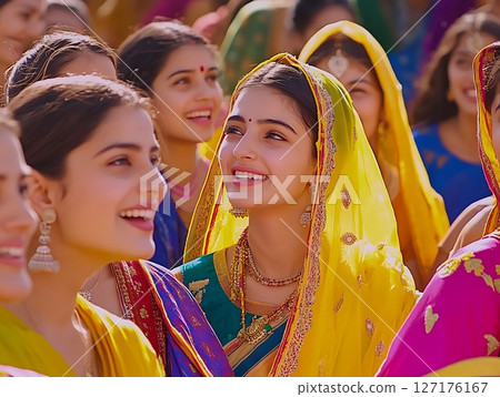 Radiant Woman in Yellow Saree Among Smiling Festive Crowd 127176167