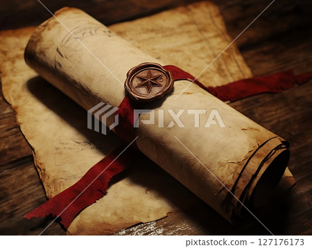 Antique Rolled Scroll Sealed with Wax on Wooden Table 127176173