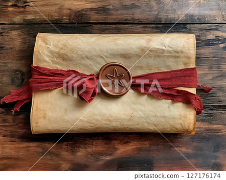 Vintage Scroll with Wax Seal and Red Ribbon Closure 127176174