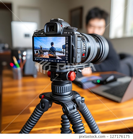 Professional Camera on Tripod Recording a Scene in Modern Setup 127176175