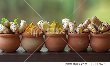 Fresh Ginger Turmeric Roots and Powder Healthy Spice Raw Pot Food Diet Clay Bowl Life Brown Aroma 127176230
