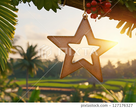 Golden Star Hanging Tropical Sunset Scene Peaceful Nature Background sky red palm view calm warm 127176327