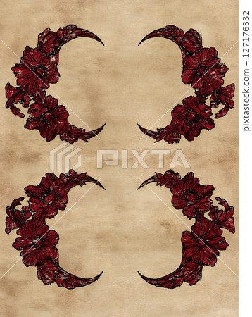 Elegant Dark Red Floral Crescent Moon Design Vintage Style Antique Background Texture art old frame 127176332