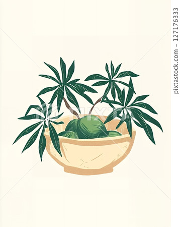 Tropical Green Fruits in Wooden Bowl Stylish Illustration art palm food life style image fresh leafy Tropical Green Fruits in Wooden Bowl Stylish Illustration art palm food life style image fresh leafy 127176333