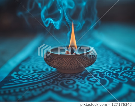 Burning Incense Spiritual Ritual Blue Smoke Flame Ceramic Bowl zen art teal yoga calm dark life 127176343
