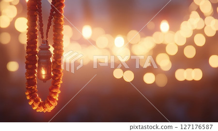 Golden Lantern Festive Lights Marigold Garland Bokeh Warm Romantic Diwali Indian Decoration Festive 127176587