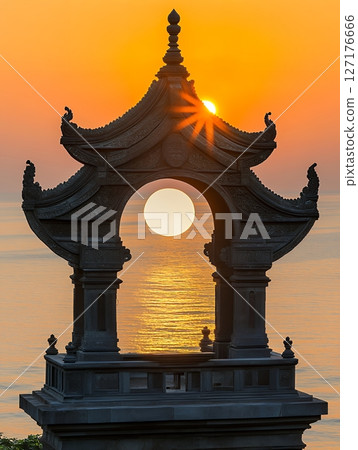 Ocean Sunset View Through Ancient Stone Arch Temple Architecture Sunrise Golden Hour sea zen calm 127176666
