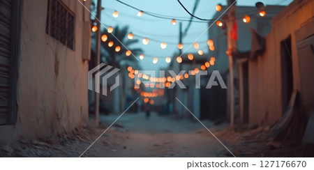 Evening Street Lights Warm Ambiance Cozy Urban Alleyway Scene Night dark city glow calm soft wall 127176670