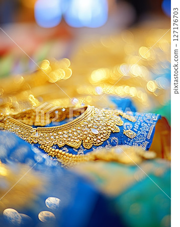 Elegant Gold Bridal Jewelry Necklace Indian Wedding Blue Dress rich shine style royal macro image Elegant Gold Bridal Jewelry Necklace Indian Wedding Blue Dress rich shine style royal macro image 127176703