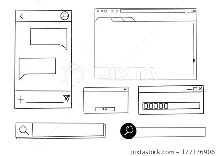 Retro window browser frame y2k interface doodle old border, chat or dialog box, player search box. Desktop ui screen vintage aesthetic.  127176906