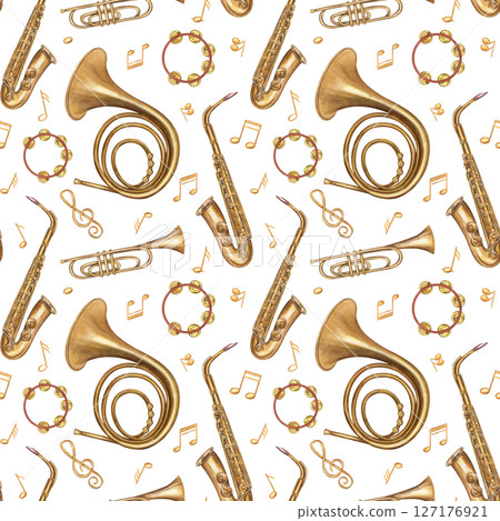 Flying brass musical instruments seamless pattern isolated background. Watercolor saxophone, trumpet, French horn, tambourine and notes in bronze gold tones illustration for jazz festival, textile Flying brass musical instruments seamless pattern isolated background. Watercolor saxophone, trumpet, French horn, tambourine and notes in bronze gold tones illustration for jazz festival, textile 127176921