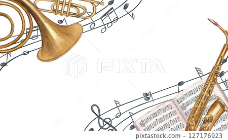 Musical frame with French horn, saxophone, sheet music book, and staff notes. Watercolor illustration isolated background. Empty space for text. For invitations, certificates, event programs Musical frame with French horn, saxophone, sheet music book, and staff notes. Watercolor illustration isolated background. Empty space for text. For invitations, certificates, event programs 127176923