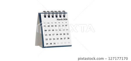 Desktop calendar for March 2026 in white colour. Mini planner for business and finance, spiral view on isolated white background Desktop calendar for March 2026 in white colour. Mini planner for business and finance, spiral view on isolated white background 127177170