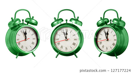 set collection retro clock, watch, pointer clock, Green color alarm clock on isolated white background set collection retro clock, watch, pointer clock, Green color alarm clock on isolated white background 127177224