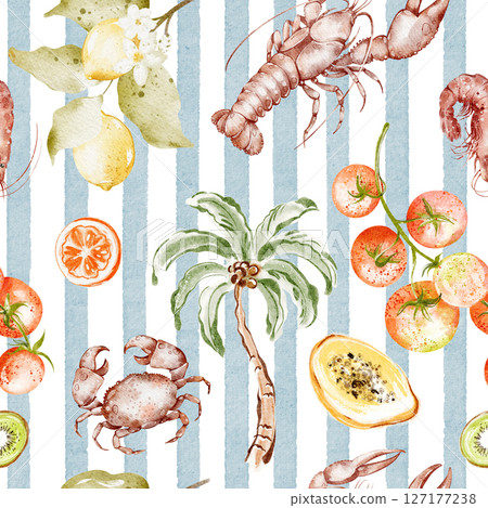 Seamless watercolor pattern with seafood, lemon, papaya, cherry tomatoes, palm and coastal food on a striped background. Mediterranean summer cuisine. Hand drawn exotic illustration. 127177238