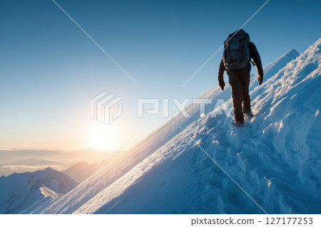 Hiking adventure on snowy mountain peak at sunrise outdoor exploration scenic viewpoint 127177253
