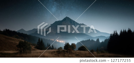 Stargazing adventure over mountain peaks night sky photography serene wilderness view 127177255