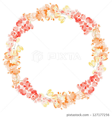 Watercolor flower wreath with lupine and wildflowers forming a circular frame. Botanical illustration featuring leaves, blossoms, and natural plants for invitations, cards, and decoration. 127177256