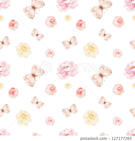 Seamless watercolor pattern featuring small flowers and butterflies in pink tones. Minimalist floral design suitable for fabric, wallpaper, textile backgrounds. Includes garden and nature elements. 127177265