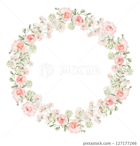 Watercolor floral wreath with pink peonies, garden roses and leaves. Circle frame for greeting card, wedding invitation or decorative design. Isolated botanical illustration on white. 127177266