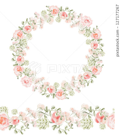 Watercolor floral set with wreath and seamless border. Includes pink roses, peonies, leaves. Botanical elements for cards, invitations, wedding, greeting, summer and garden design. 127177267