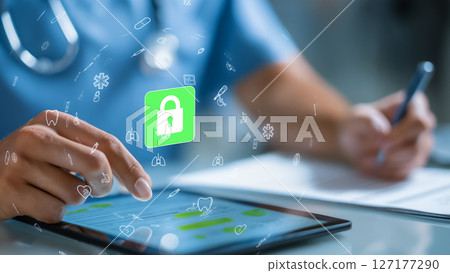 Futuristic digital health concept, encrypted patient data protected by technology 127177290