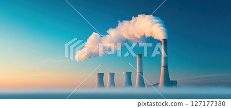 A power plant by the river, emitting steam from cooling towers 127177380