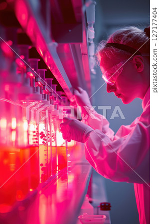 A scientist examining bacterial cultures in a sterile lab, illustrating pathogen research 127177404