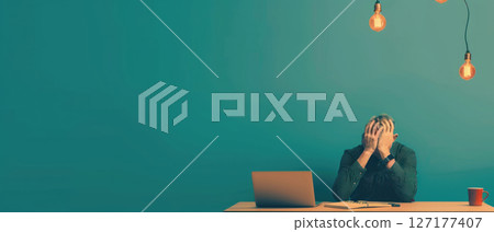 A person sitting at a desk with their head in their hands, illustrating workrelated stress A person sitting at a desk with their head in their hands, illustrating workrelated stress 127177407