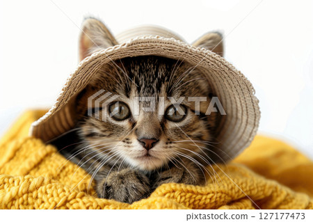A cute kitten wearing a straw hat, resting on a cozy yellow blanket, radiating charm and warmth. 127177473