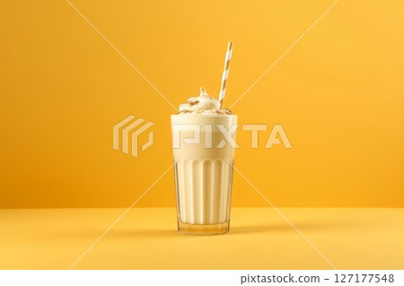 Cocktail with coffee and drinking straw. Isolated on orange background. Generated AI 127177548