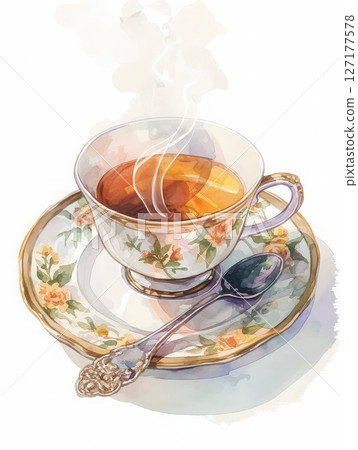 Delicate china cup sits on a matching saucer, filled with hot tea that releases steam. A silver spoon rests beside, enhancing the sophisticated presentation of the warm beverage. 127177578