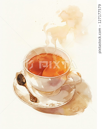 A delicate cup filled with steaming tea sits on a pristine white saucer. Wisps of steam rise gracefully from the surface, hinting at the warmth of the beverage. A shiny spoon rests beside it. 127177579