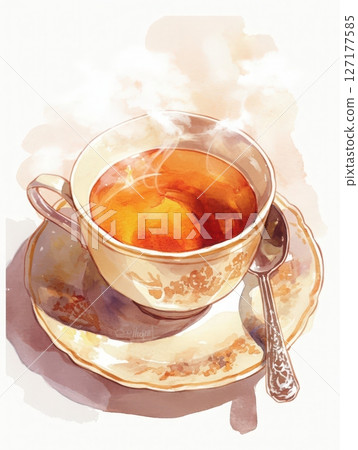 A steaming cup of tea sits elegantly on a decorative saucer, with a silver spoon resting beside it. The serene atmosphere suggests a quiet afternoon, inviting relaxation and comfort. 127177585