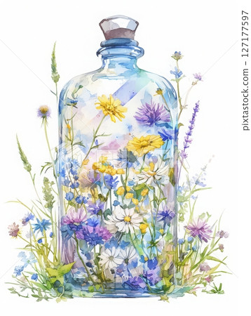 A glass bottle filled with a variety of colorful wildflowers stands amidst lush greenery. The delicate blooms showcase shades of blue, yellow, and white, creating a serene and artistic display. A glass bottle filled with a variety of colorful wildflowers stands amidst lush greenery. The delicate blooms showcase shades of blue, yellow, and white, creating a serene and artistic display. 127177597